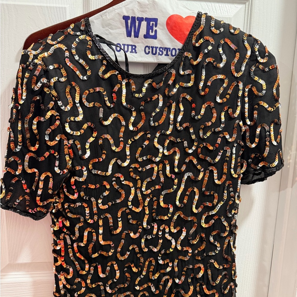 Vintage Black Short Sleeve blouse with Gold Sequin Swirls